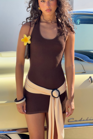 Caprina Halter Mini Dress | Brown Terry